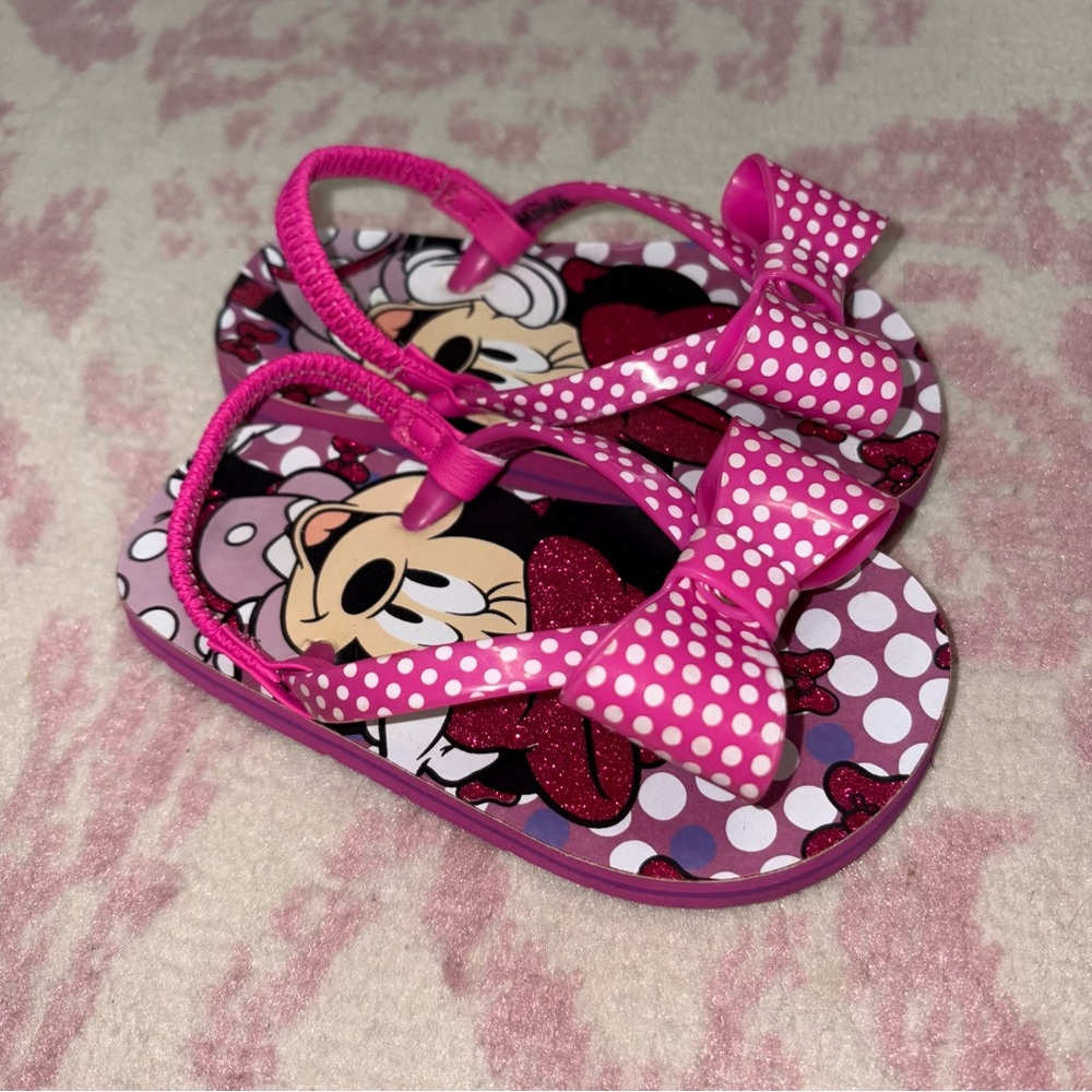 Disney Minnie Mouse Pink Polka Dot Bow Flip Flops Toddler Girl size 7-8 - Picture 2 of 8